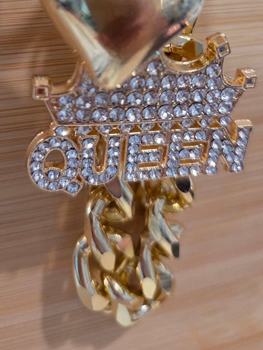 NEW Gold Chunky Curb Chain Queen Keychain Rhinestone Crown Puffy Heart Bag Charm